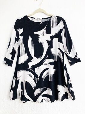 Sympli Jersey Knit Brushstroke Pocket Tunic Black & White Sz 4